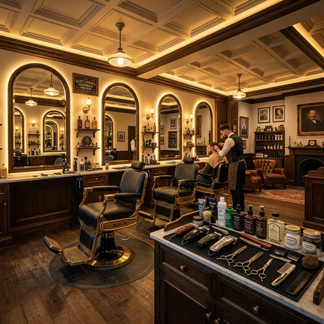 Visão geral do ambiente clássico e climatizado da Barbearia Baianos