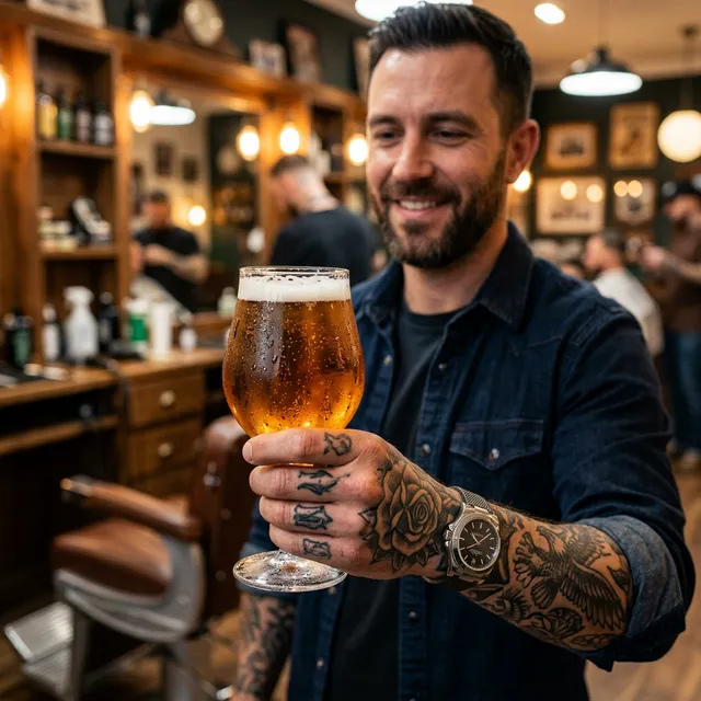 Cliente aproveitando uma cerveja gelada na barbearia